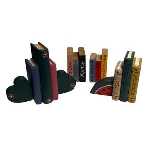 Vintage Miniature Wood Book Set With Watermelon & Heart Bookends Dollhouse Tole